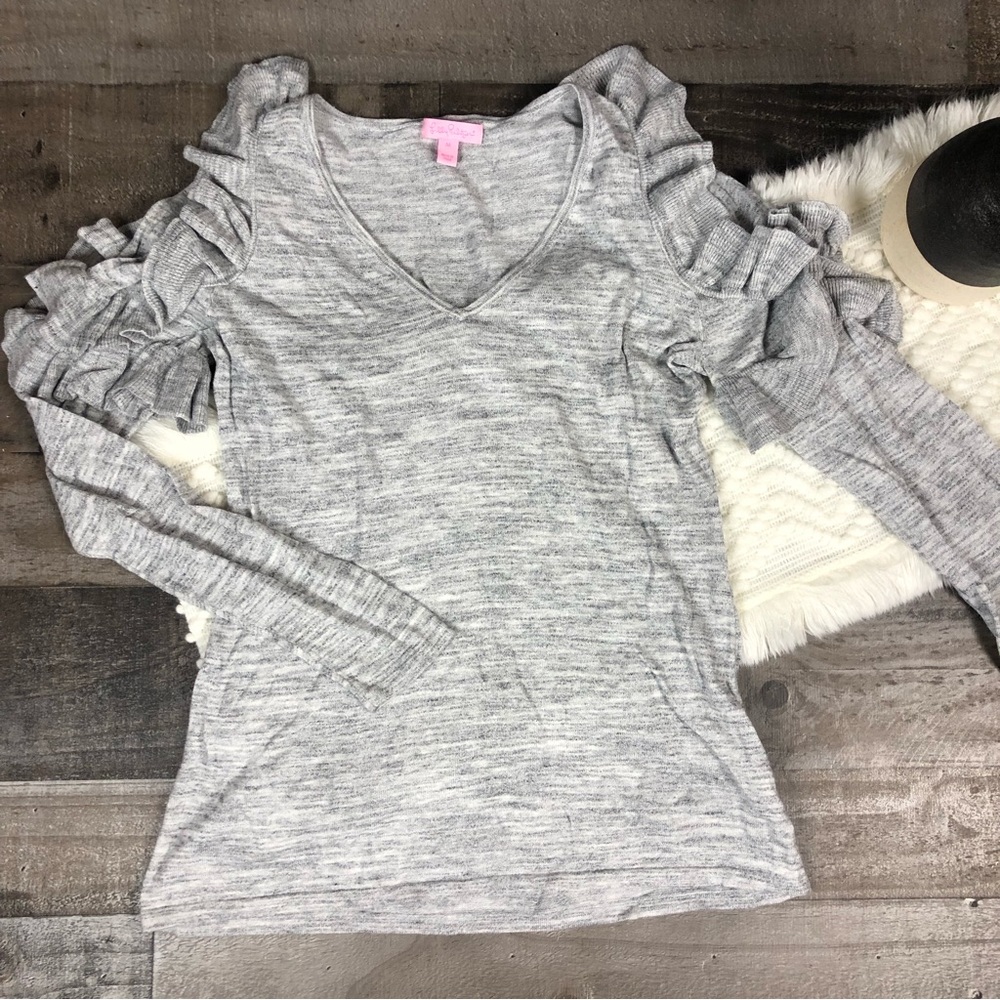 Lilly Pulitzer gray ruffle shoulder sweater medium